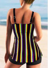 Black swimwear,Striped swimwear,Spaghetti Strap Rainbow Stripe Cross Front Tankini Set 