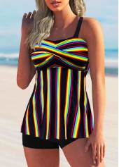 Black swimwear,Striped swimwear,Spaghetti Strap Rainbow Stripe Cross Front Tankini Set 