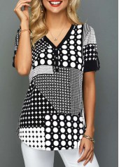 Black tops,Dot tops,ROTITA V Neck Polka Dot Short Sleeve Blouse