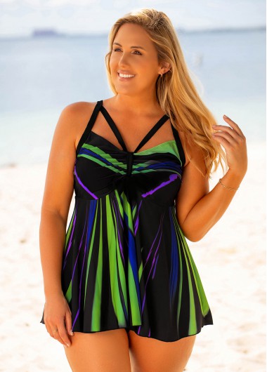 Green plus size,Floral plus size,ROTITA Plus Size Bowknot Printed Swimdress and Panty
