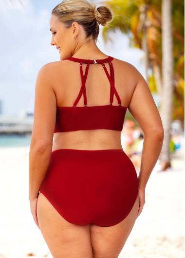 Wine Red plus size,Contrast Color plus size,ROTITA Plus Size High Waisted Lace Stitching Bikini Set