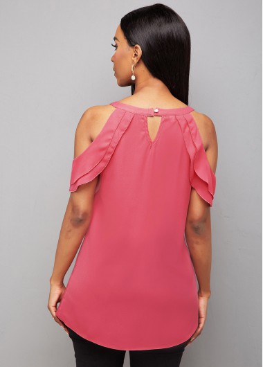 Pink tops,Plain Color tops,ROTITA Rhinestone Detail Keyhole Neckline Cold Shoulder Blouse