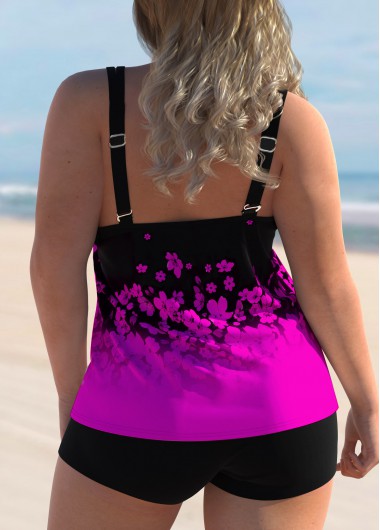 Hot Pink plus size,Ditsy Floral plus size,ROTITA Plus Size Ombre Floral Print Spaghetti Strap Tankini Set