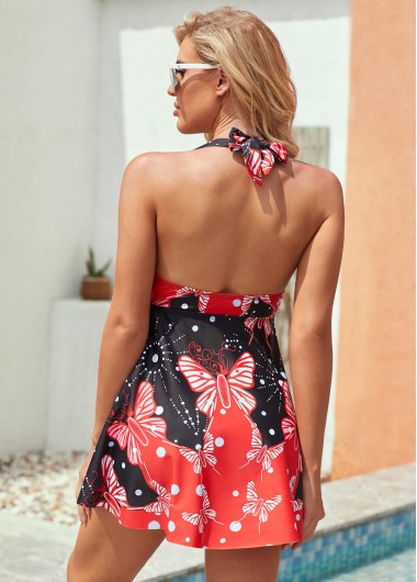 Red swimwear,Animal Print swimwear,ROTITA Halter Tie Back Butterfly Print Swimdress and Shorts