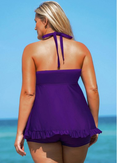 Purple plus size,Plain Color plus size,ROTITA Bowknot Plus Size Tie Back Swimdress and Shorts