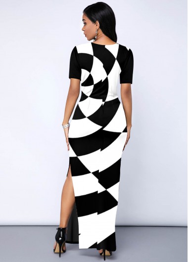 Multi Color dresses,Geometric dresses,ROTITA Side Slit Geometric Print Round Neck Dress