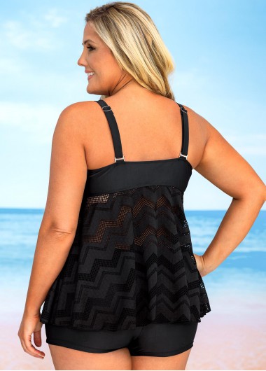 Black plus size,Plain Color plus size,ROTITA Plus Size Lace Stitching Solid Tankini Set 