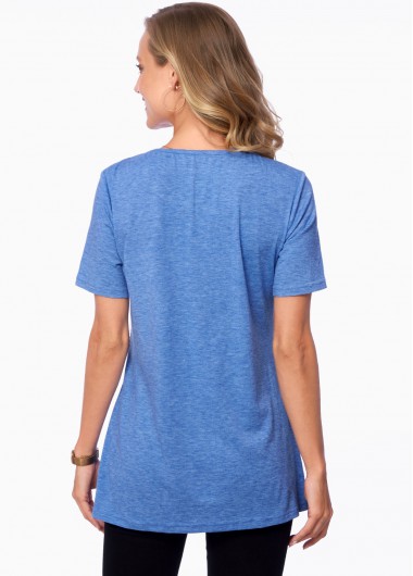 Blue tops,Plain Color tops,ROTITA Short Sleeve Lace Stitching Button Detail T Shirt