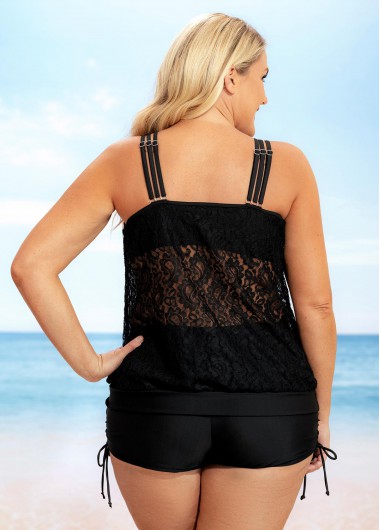 Black plus size,Plain Color plus size,ROTITA Plus Size Lace Patchwork Solid Tankini Set