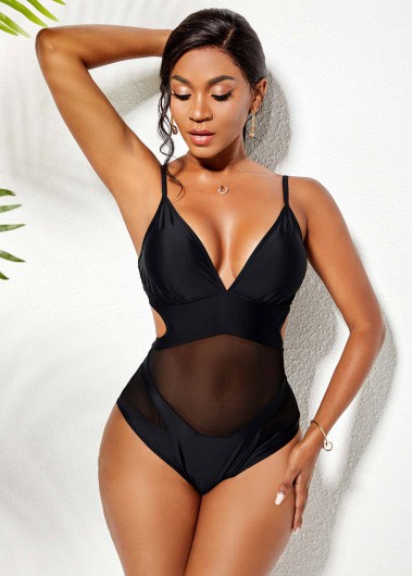 Black swimwear,Plain Color swimwear,ROTITA Spaghetti Strap Mesh Stitching Cutout One Piece Swimwear