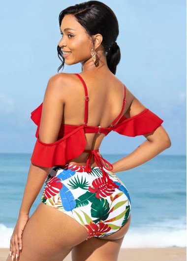 Red swimwear,Plants swimwear,Spaghetti Strap Flounce High Waisted Bikini Set