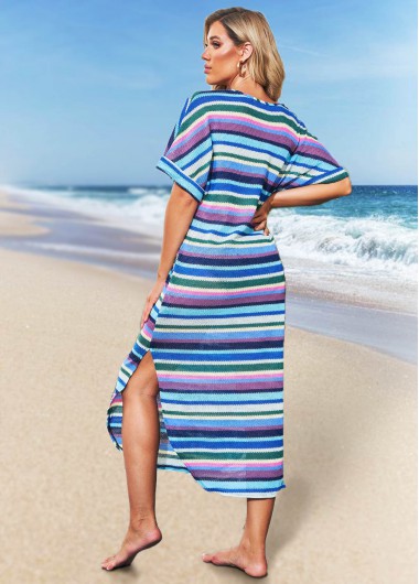 Multi Color swimwear,Striped swimwear,ROTITA Striped Mesh Cross Strap Cover Up