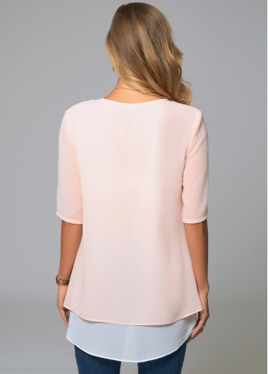 Pink tops,Contrast Color tops,ROTITA Decorative Button Layered Round Neck Blouse