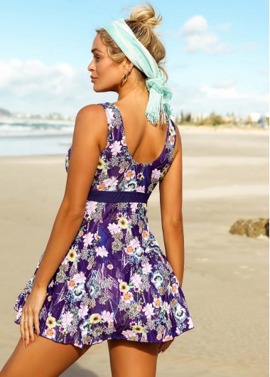 Purple swimwear,Floral swimwear,ROTITA Wide Strap Floral Print Swimdress and Shorts