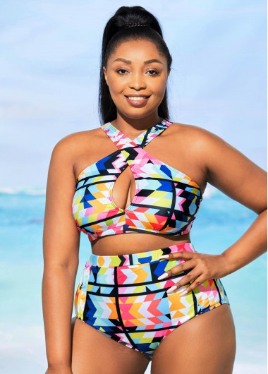 Multi Color plus size,Rainbow Color plus size,Geometric plus size,High Waisted Plus Size Geometric Print Bikini Set