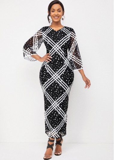 Black dresses,Dot dresses,ROTITA Striped and Polka Dot V Neck Flare Sleeve Dress 