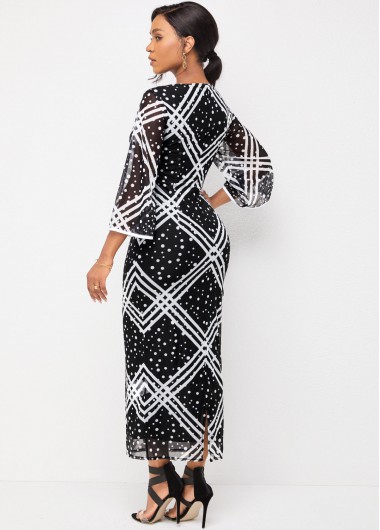 Black dresses,Dot dresses,ROTITA Striped and Polka Dot V Neck Flare Sleeve Dress 