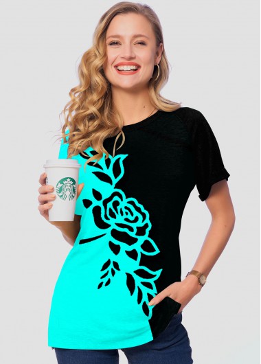 Multi Color tops,Floral tops,ROTITA Contrast Floral Print Round Neck Short Sleeve T Shirt