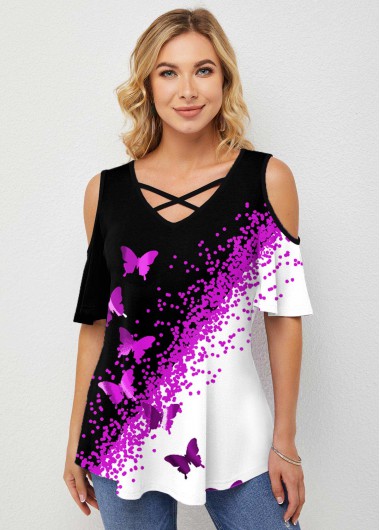 Multi Color tops,Animal Print tops,ROTITA Contrast Butterfly Print Cold Shoulder T Shirt