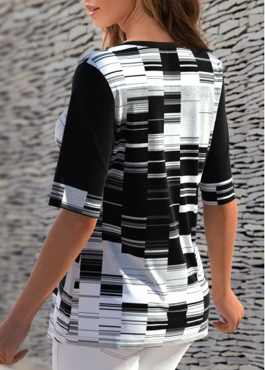 Black tops,Geometric tops,ROTITA Geometric Print Contrast Split Neck T Shirt