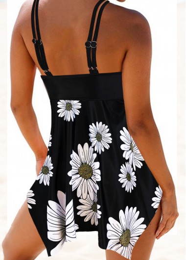 Black swimwear,Floral swimwear,Daisy Print Asymmetric Hem Double Straps Swimdress and Shorts
