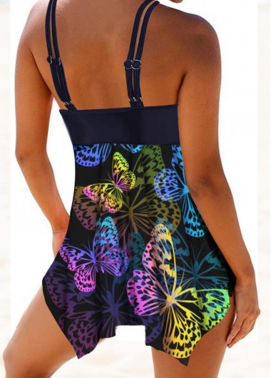 Animal Print swimwear,Butterfly Print Asymmetric Hem Double Straps Swimdress and Shorts