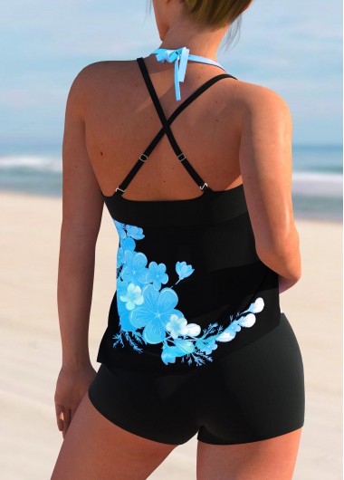 Cyan swimwear,Floral swimwear,ROTITA Cross Strap Floral Print Halter Tankini Set 