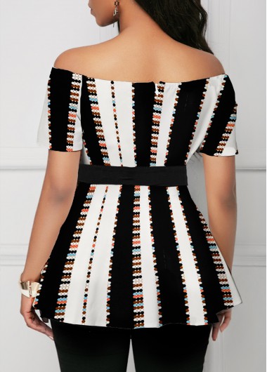 Multi Color tops,Striped tops,ROTITA Striped Boat Neck Short Sleeve Blouse