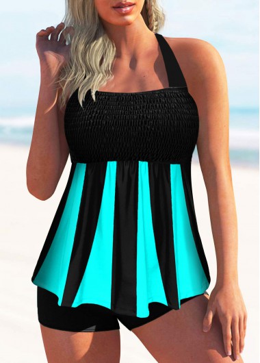 Cyan swimwear,Floral swimwear,ROTITA Printed Smocked Halter Tie Back Tankini Set