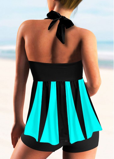 Cyan swimwear,Floral swimwear,ROTITA Printed Smocked Halter Tie Back Tankini Set