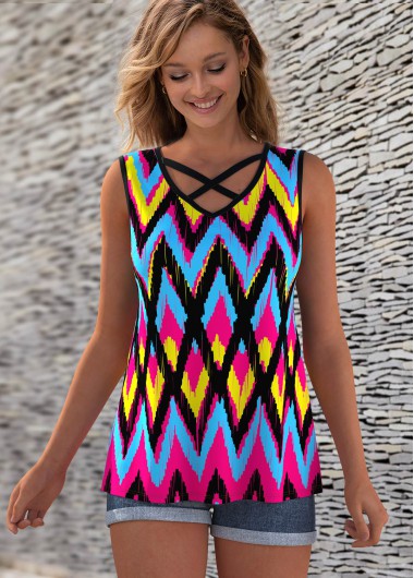 Geometric tops,ROTITA Geometric Print Colorful Cross Strap Tank Top