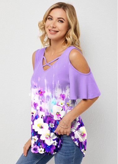 Purple tops,Floral tops,ROTITA Cold Shoulder Floral Print Cross Strap T Shirt