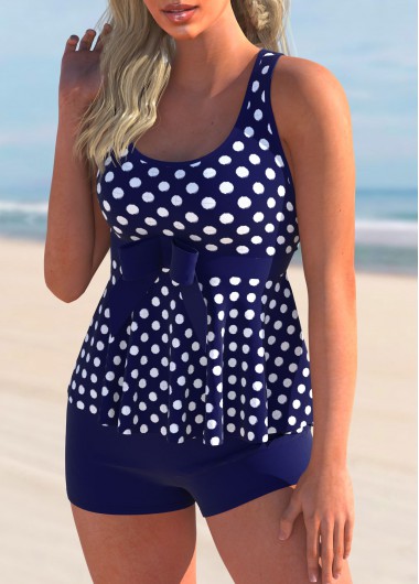 Navy swimwear,Dot swimwear,ROTITA Bowknot Polka Dot Cross Strap Tankini Set 
