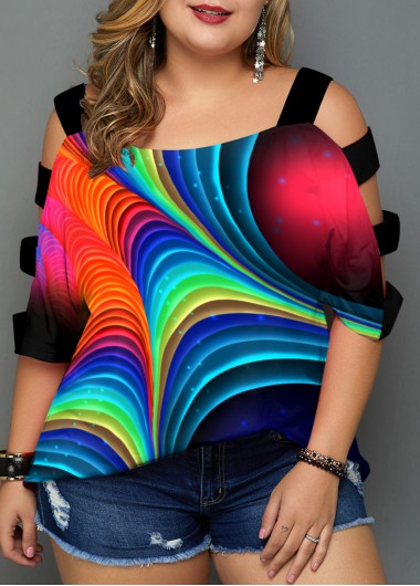 Multi Color plus size,Floral plus size,ROTITA Plus Size Colorful Printed Ladder Cutout T Shirt