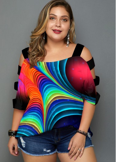 Multi Color plus size,Floral plus size,ROTITA Plus Size Colorful Printed Ladder Cutout T Shirt