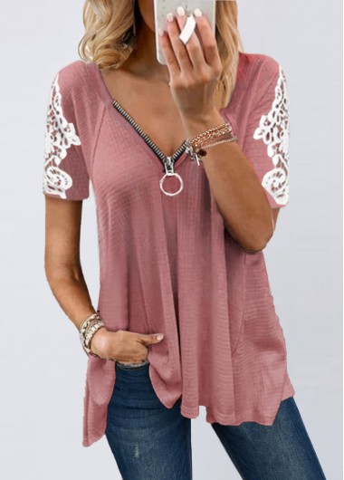 Pink tops,Contrast Color tops,V Neck Lace Stitching Short Sleeve T Shirt