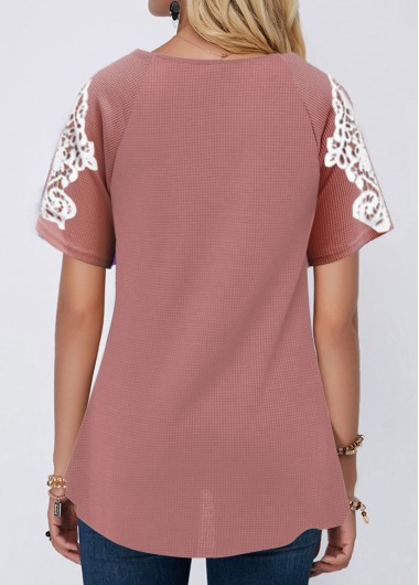 Pink tops,Contrast Color tops,V Neck Lace Stitching Short Sleeve T Shirt