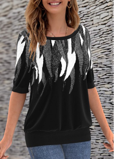 Black tops,Geometric tops,ROTITA Round Neck Geometric Print 3/4 Sleeve T Shirt