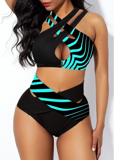 Striped swimwear,ROTITA Cross Strap Striped High Waist Bikini Set