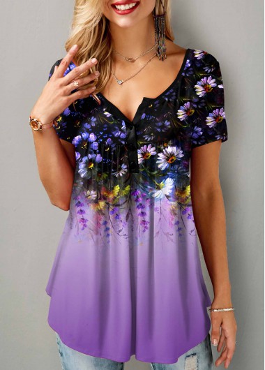 Purple tops,Floral tops,ROTITA Floral Print Button Detail Short Sleeve T Shirt