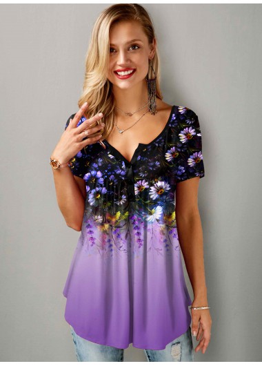 Purple tops,Floral tops,ROTITA Floral Print Button Detail Short Sleeve T Shirt