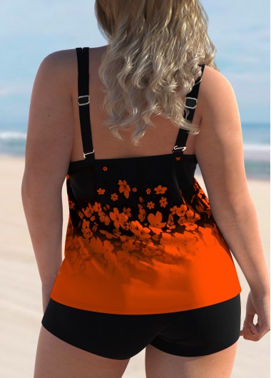 Orange plus size,Black plus size,Floral plus size,Ombre plus size,ROTITA Floral Print Plus Size Double Straps Tankini Set