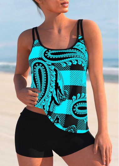 Cyan swimwear,Paisley swimwear,ROTITA Plaid Paisley Print Double Straps Mid Waist Tankini Set 