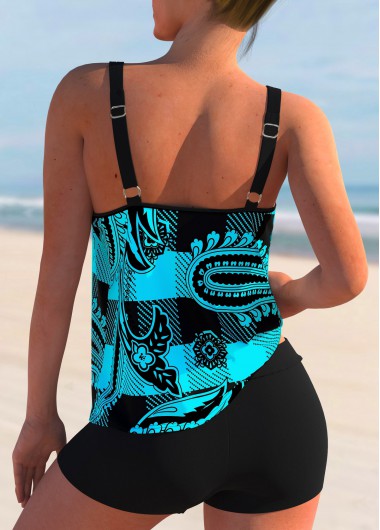 Cyan swimwear,Paisley swimwear,ROTITA Plaid Paisley Print Double Straps Mid Waist Tankini Set 