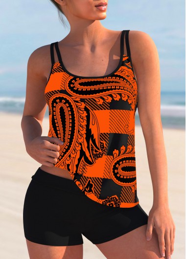 Orange swimwear,Paisley swimwear,ROTITA Plaid Paisley Print Double Straps Mid Waist Tankini Set 