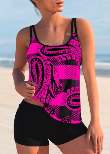 Hot Pink swimwear,Paisley swimwear,ROTITA Plaid Paisley Print Double Straps Mid Waist Tankini Set 