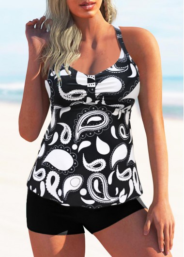 Black swimwear,Animal Print swimwear,Wide Strap Animal Prints Criss Cross Back Tankini Set 
