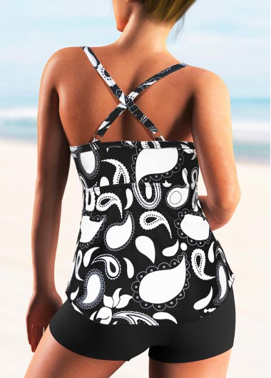 Black swimwear,Animal Print swimwear,Wide Strap Animal Prints Criss Cross Back Tankini Set 