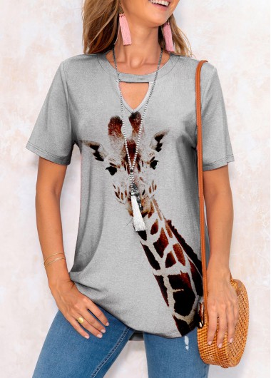 Grey tops,Animal Print tops,ROTITA Animal Prints Short Sleeve Keyhole Neckline T Shirt