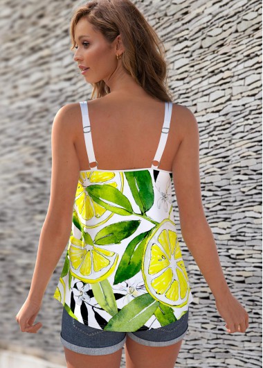 Yellow tops,Floral tops,ROTITA Lemon Print Sleeveless Wide Strap Camisole Top